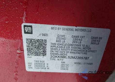2021 GMC Acadia Awd Sle z USA, uszkodzony, nr VIN 1GKKNRLS2MZ205787